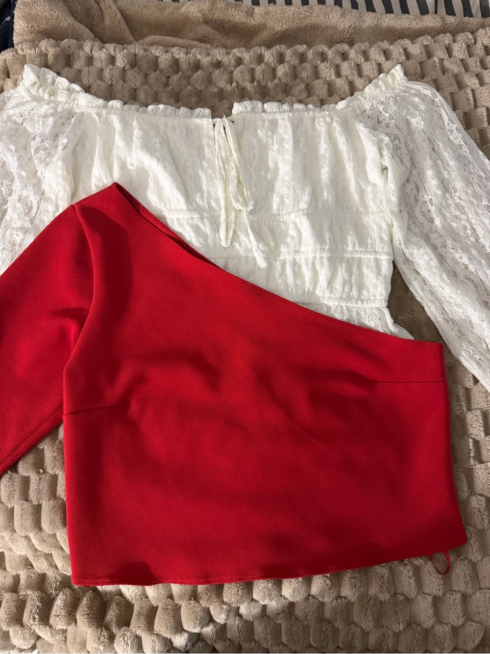 Abercrombie & Fitch Red One-Shoulder Crop Top with White Lace Accent
